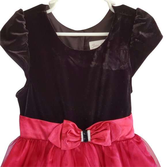 Jona Michelle Girls 5 Black Red Fancy Party Swing Dress Floral Flock Mesh Skirt - Picture 5 of 9
